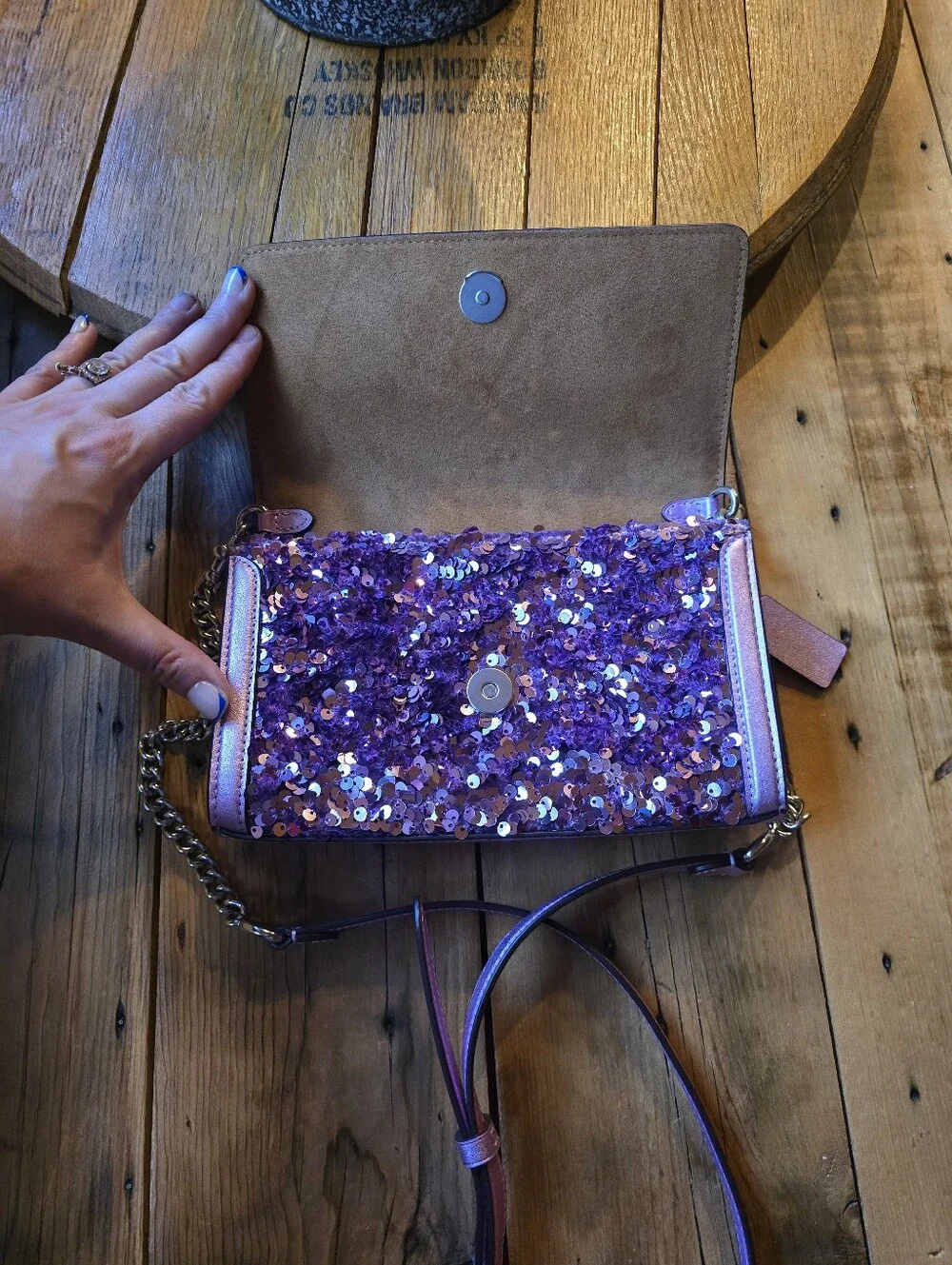 Coach Flap Clutch Crossbody Bag in Lilac Metallic Leather & Sequins